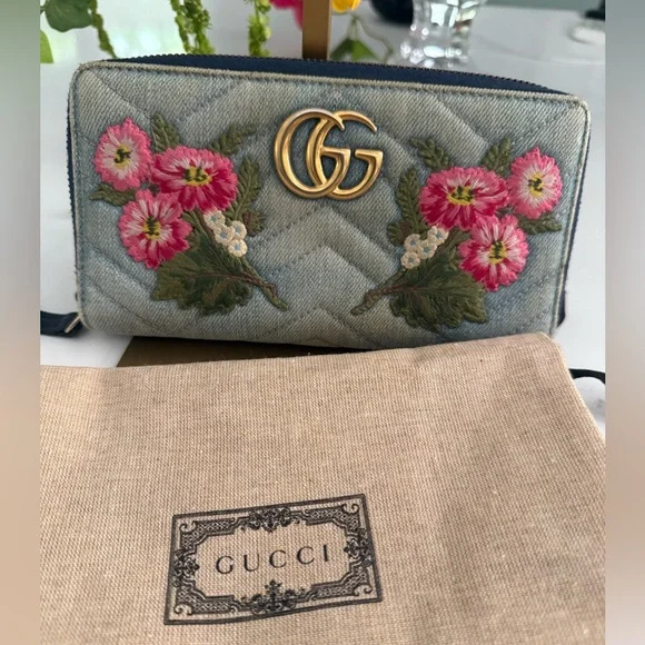 Gucci GG Marmont Floral Embroidered Matelasse Denim Zip Around Wallet - Picture 13 of 13